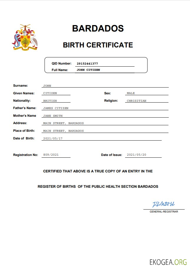 Modèle d'acte de naissance de la Barbade en Word et PDF